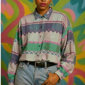 Vintage 90s Colorful Button-Up Shirt Ikat Check Pattern Dopamine Boho Indie SZ M